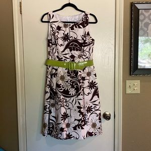 Dress barn, floral, print dress, size 10, white brown and lime green